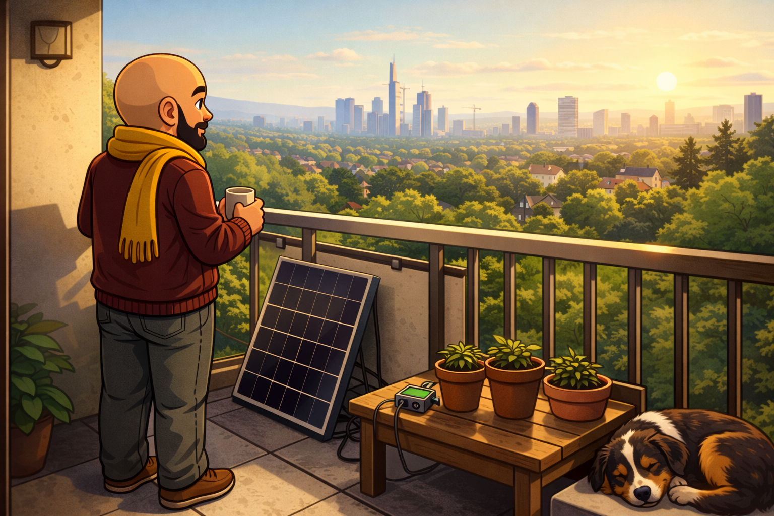 Bobby on a sunlit balcony — solar panel, Raspberry Pi, dog sleeping, plants, city beyond