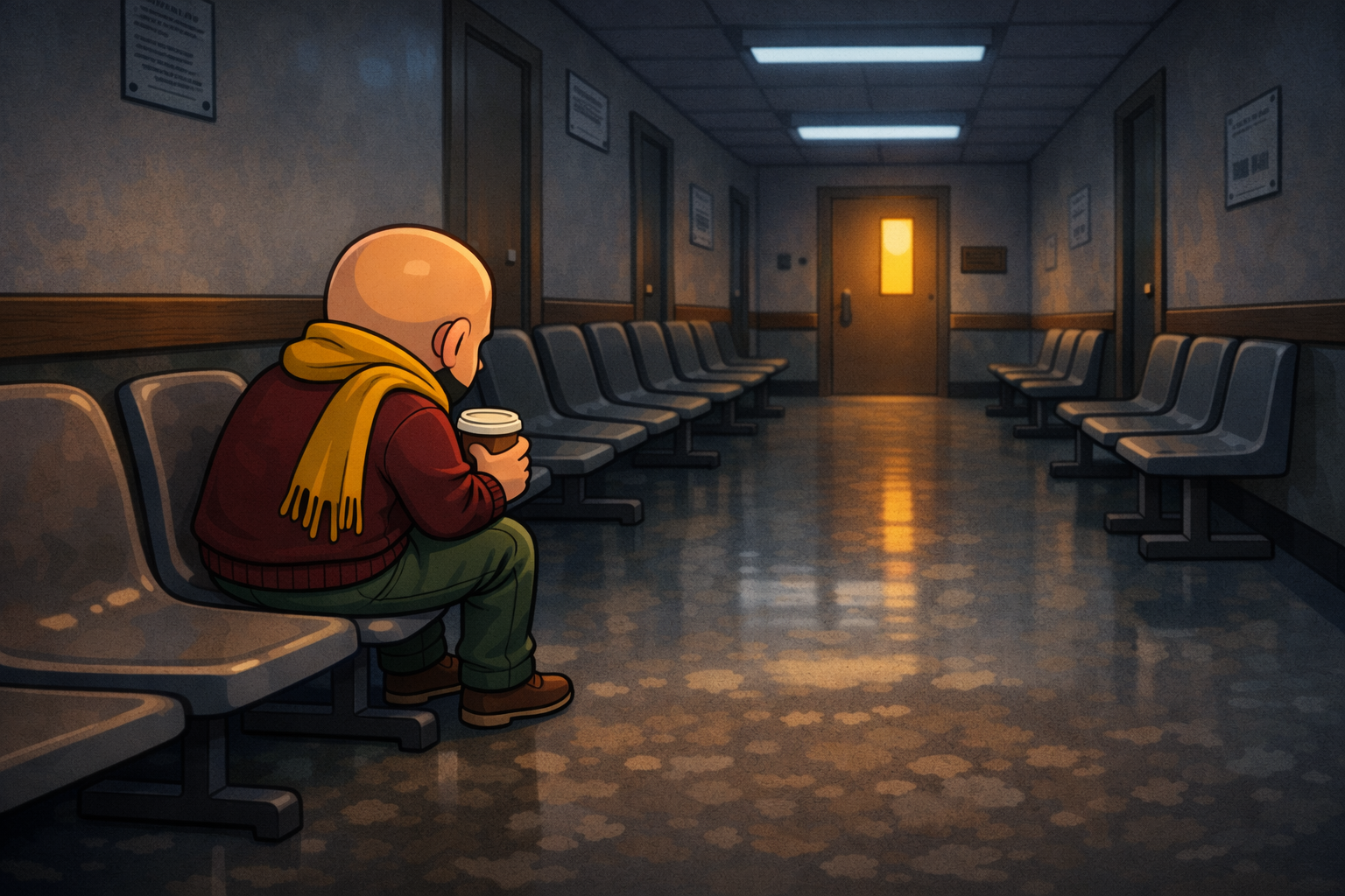Bobby sitting alone in a hospital corridor at night
