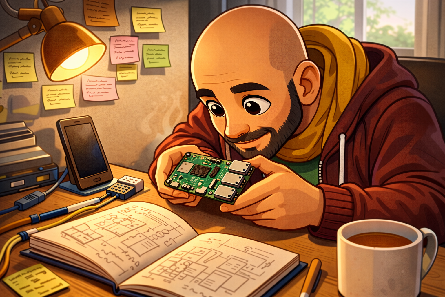 Bobby at his desk, examining a Raspberry Pi surrounded by hardware, cables and handwritten notes